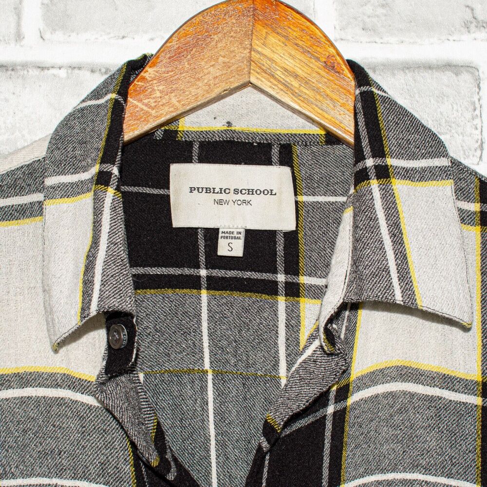 Public School NY Art Patch Button up Shirt Gray Plaid Size Small - Picture 2 of 8